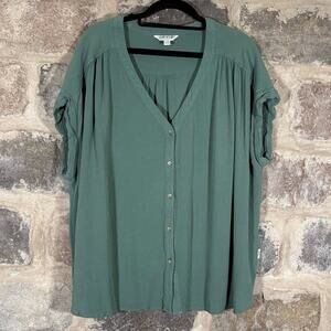 Orvis Short Sleeveless Blouse Women's XL Rayon Crepe‎ V-Neck Button Front Green